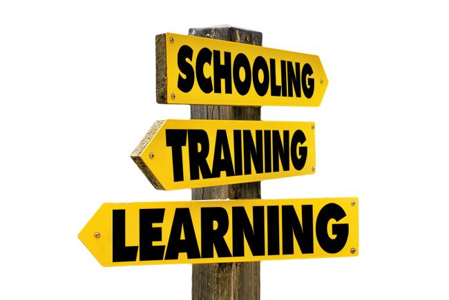 Panneaux signalétiques représentant les trois voies de la formation (Schooling, Training, Learning))